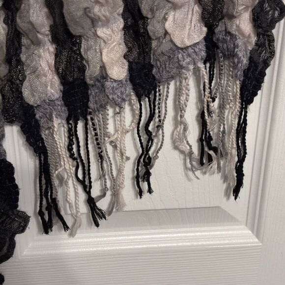 Beautiful Soft Black Grey Women’s Striped Ruffled Long Scarf Fringe - Picture 8 of 8